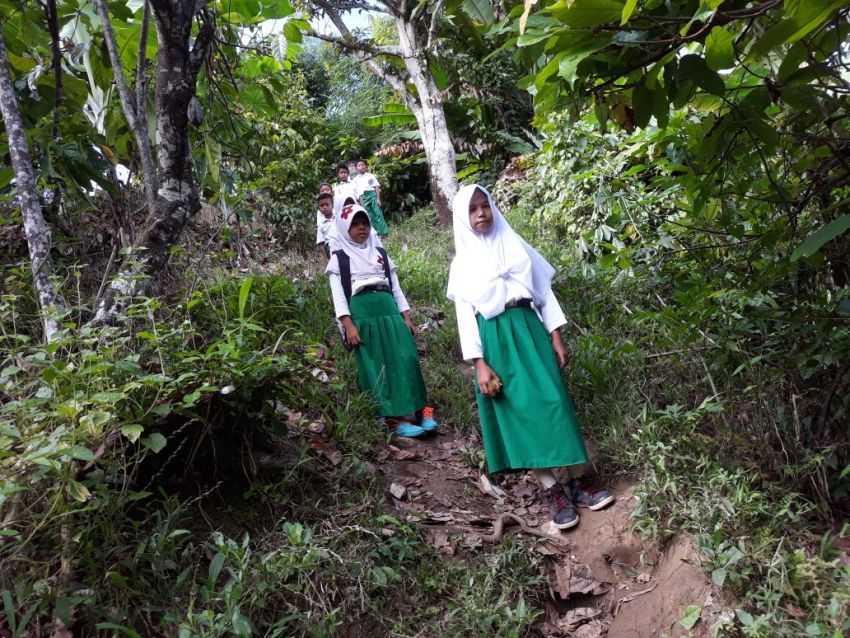 Siswa-siswi MI al-Ikhlas Pertiwi berjalan kaki di tengah-tengah kebun menuju sekolah